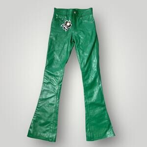 NYRVA Green Genuine Leather Flare Pants Size 28 High Waist Retro Y2K- L34